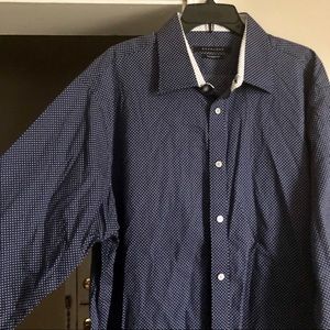 Tailored blue & white polka dot button down